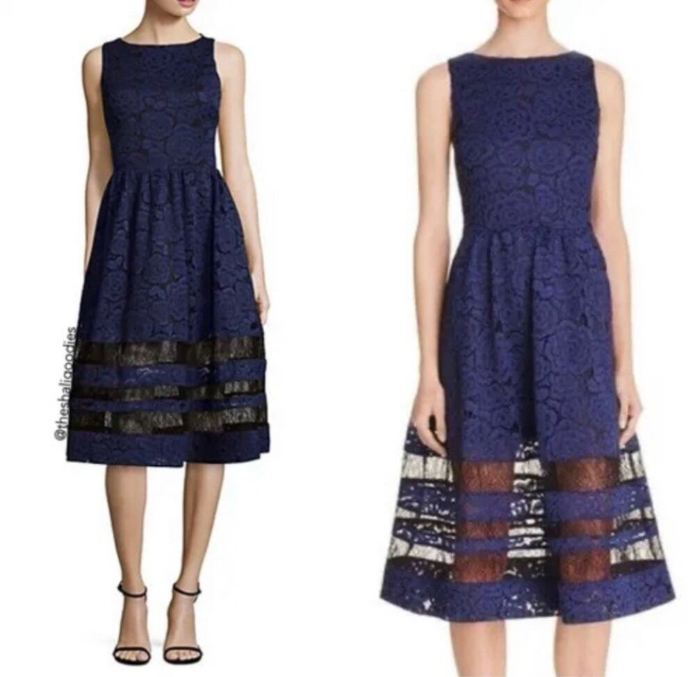 Alice and Olivia Odelia Tea Length Lace Dress A-line Navy Blue Size 4 Cocktail